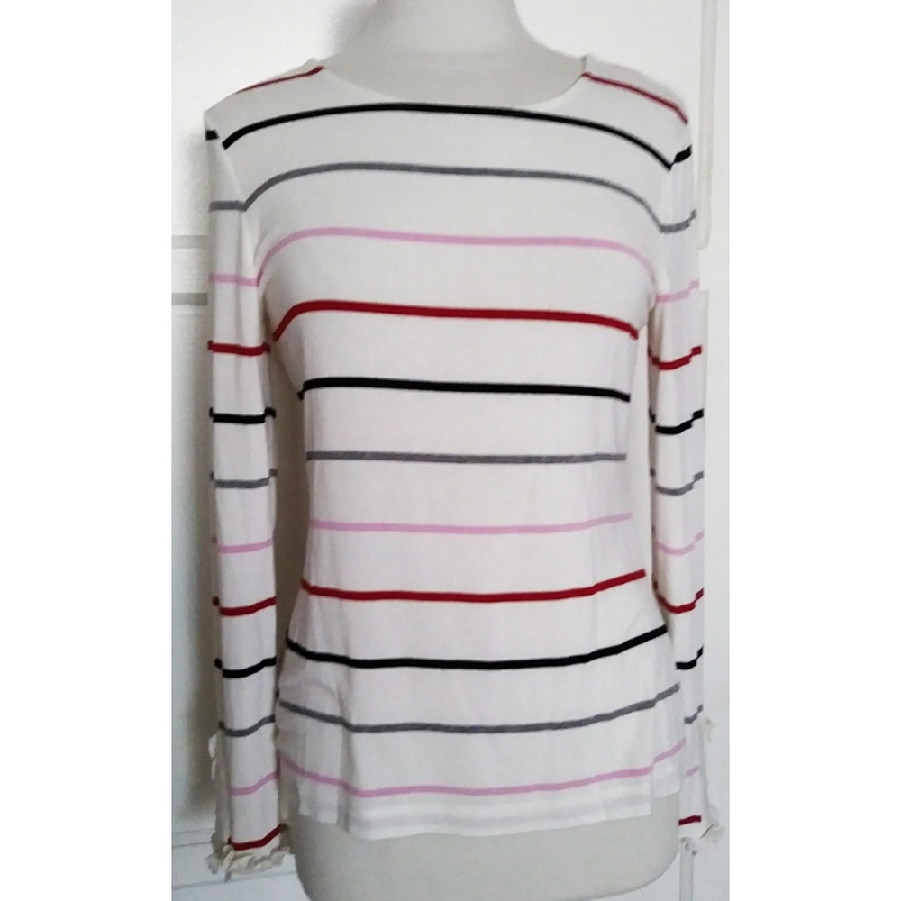Ann Taylor Striped Ruffle cuff Top - Picture 2 of 8